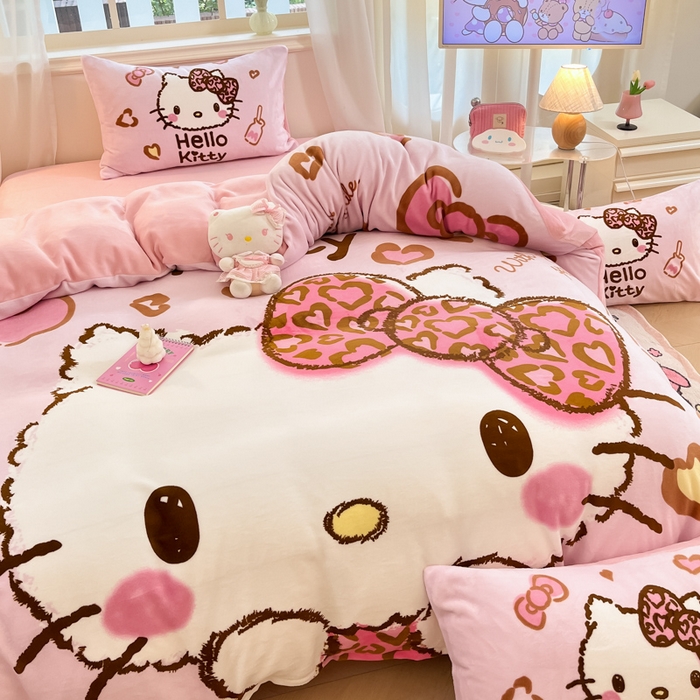 91家纺网 家纺一手货源 找家纺 A类母婴级库洛米美乐蒂三丽鸥正版授权卡通儿童牛奶绒双面牛奶绒四件套珊瑚绒四件套 绒大版-R粉粉豹纹kitty