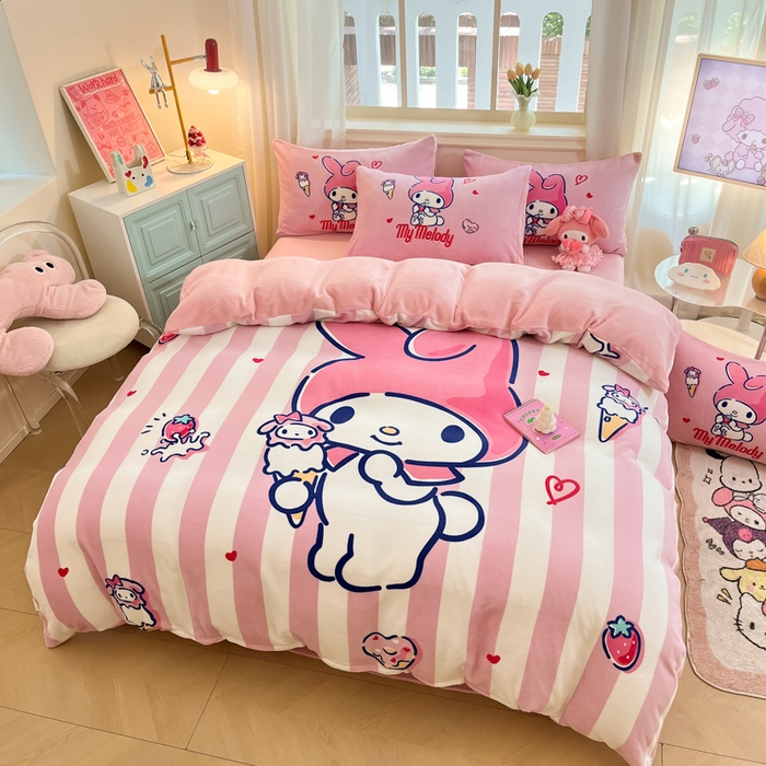 91家纺网 家纺一手货源 找家纺 A类母婴级库洛米美乐蒂三丽鸥正版授权卡通儿童牛奶绒双面牛奶绒四件套珊瑚绒四件套 绒大版-R草莓冰淇淋美乐蒂