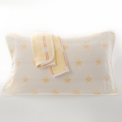 （买家秀爆款花型不断货）A类母婴级全棉纯棉六层纱多功能枕巾多层宽边枕巾无印风流苏纱布枕巾50*80cm/对 星星黄