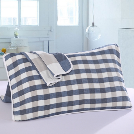 （买家秀爆款花型不断货）A类母婴级全棉纯棉六层纱多功能枕巾多层宽边枕巾无印风流苏纱布枕巾50*80cm/对 小格子蓝色