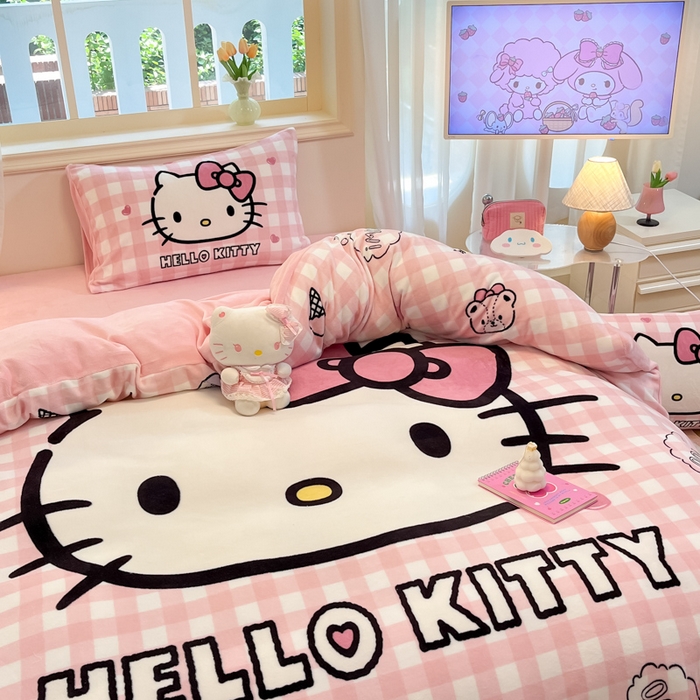 91家纺网 家纺一手货源 找家纺 A类母婴级库洛米美乐蒂三丽鸥正版授权卡通儿童牛奶绒双面牛奶绒四件套珊瑚绒四件套 绒大版-R粉格香香kitty