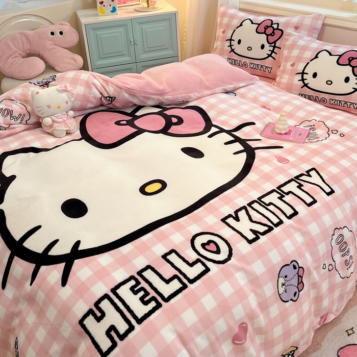 91家纺网 家纺一手货源 找家纺 A类母婴级库洛米美乐蒂三丽鸥正版授权卡通儿童牛奶绒双面牛奶绒四件套珊瑚绒四件套 绒大版-R粉格香香kitty