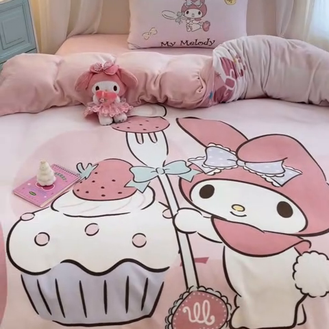 91家纺网 家纺一手货源 找家纺 A类母婴级库洛米美乐蒂三丽鸥正版授权卡通儿童牛奶绒双面牛奶绒四件套珊瑚绒四件套 绒大版-R草莓蛋糕美乐蒂