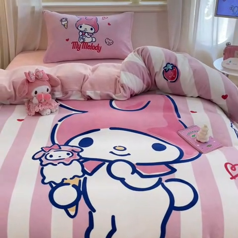 91家纺网 家纺一手货源 找家纺 A类母婴级库洛米美乐蒂三丽鸥正版授权卡通儿童牛奶绒双面牛奶绒四件套珊瑚绒四件套 绒大版-R草莓冰淇淋美乐蒂