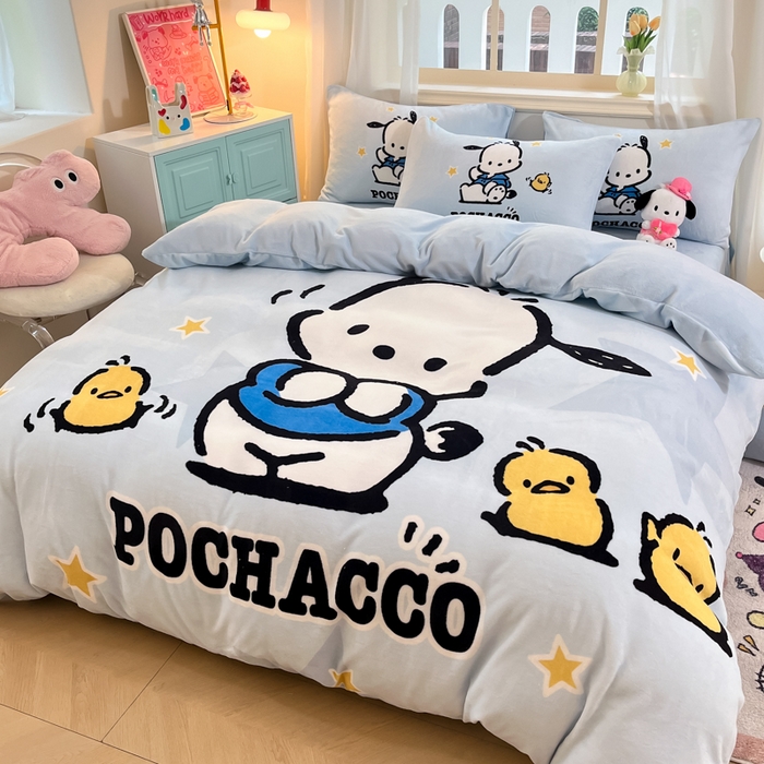 91家纺网 家纺一手货源 找家纺 A类母婴级库洛米美乐蒂三丽鸥正版授权卡通儿童牛奶绒双面牛奶绒四件套珊瑚绒四件套 绒大版-R可爱小鸡帕恰狗