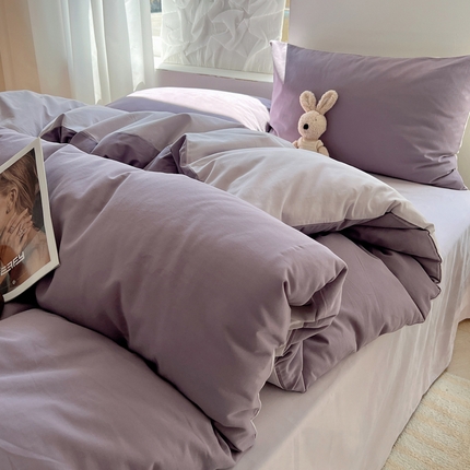 91家纺网 家纺一手货源 找家纺 丽卡家纺（原丽卡家纺） 2024新款A类艾阳棉双拼纯色四件套 风信紫+灰紫