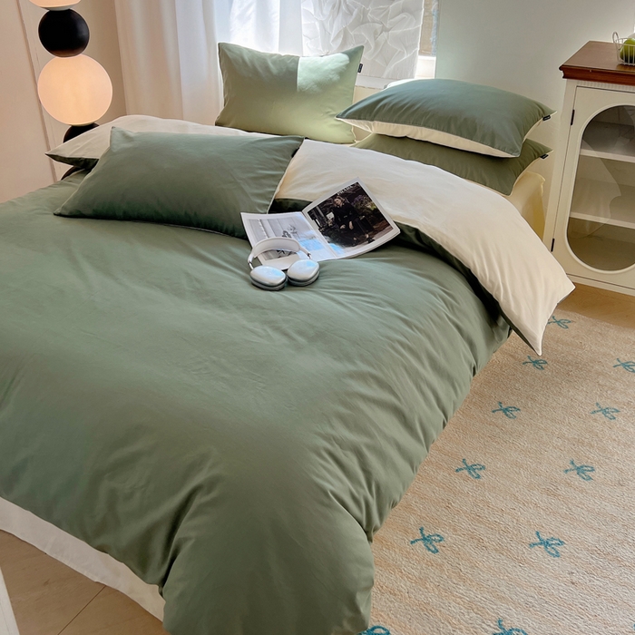 91家纺网 家纺一手货源 找家纺 丽卡家纺（原丽卡家纺） 2024新款A类艾阳棉双拼纯色四件套 松霜绿+象牙白