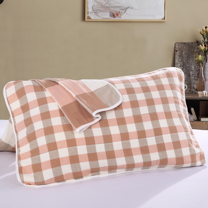 （买家秀爆款花型不断货）A类母婴级全棉纯棉六层纱多功能枕巾多层宽边枕巾无印风流苏纱布枕巾50*80cm/对 小格子粉色