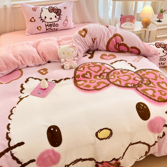 91家纺网 家纺一手货源 找家纺 A类母婴级库洛米美乐蒂三丽鸥正版授权卡通儿童牛奶绒双面牛奶绒四件套珊瑚绒四件套 绒大版-R粉粉豹纹kitty