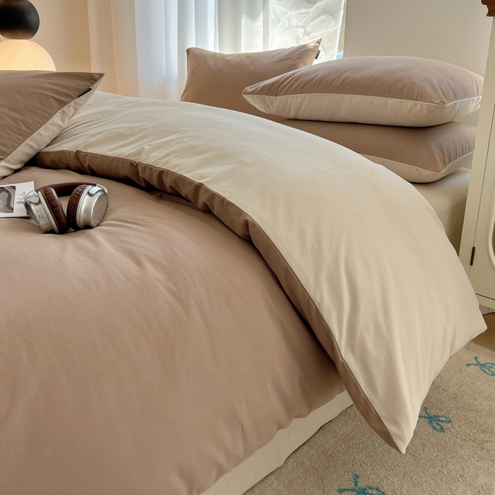 91家纺网 家纺一手货源 找家纺 丽卡家纺（原丽卡家纺） 2024新款A类艾阳棉双拼纯色四件套 太妃咖+浅香槟