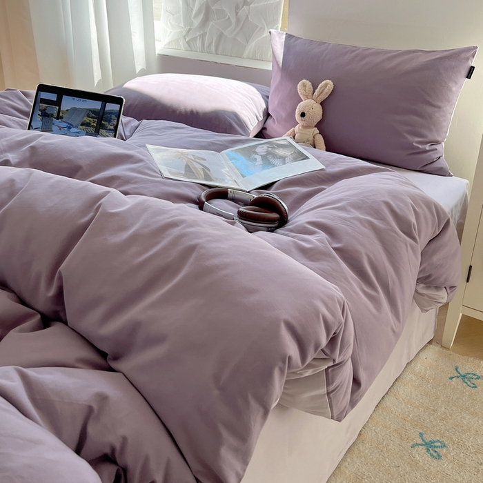 91家纺网 家纺一手货源 找家纺 丽卡家纺（原丽卡家纺） 2024新款A类艾阳棉双拼纯色四件套 风信紫+灰紫