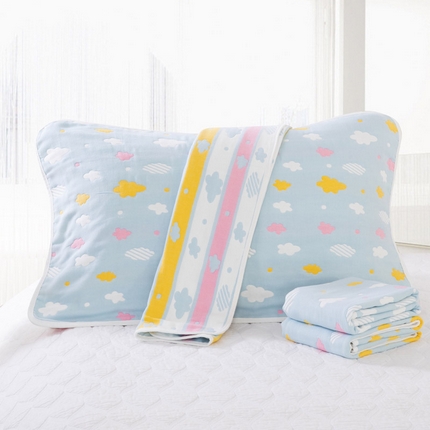 91家纺网 家纺一手货源 找家纺 （买家秀爆款花型不断货）A类母婴级全棉纯棉六层纱多功能枕巾多层宽边枕巾无印风流苏纱布枕巾50*80cm/对 彩云蓝