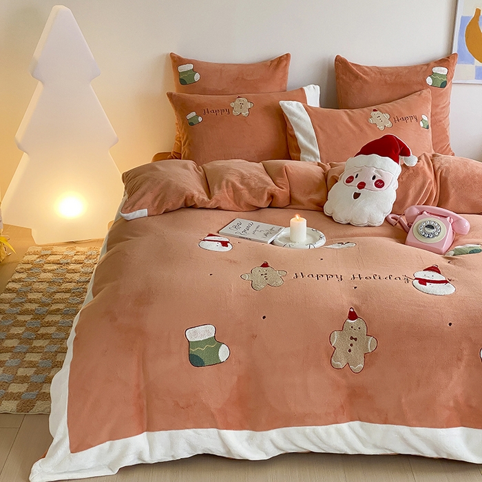 91家纺网 家纺一手货源 找家纺 MIU缪家居 2024新款加厚保暖牛奶绒四件套-圣诞礼物 圣诞礼物 橘色