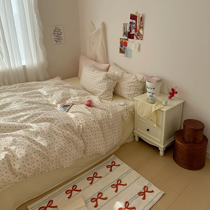 91家纺网 家纺一手货源 找家纺 韩国纯棉ins风小碎花田园风四件套花卉活性印花小清新被套纯色加大床单1.8床笠混搭风纯色印花枕套 一朵春光（奶黄）