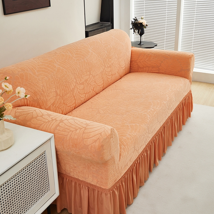 91家纺网 家纺一手货源 找家纺 共鸣沙发套 2024新款臻品提花系列沙发套（裙摆款织叶花系） 织叶卡橙