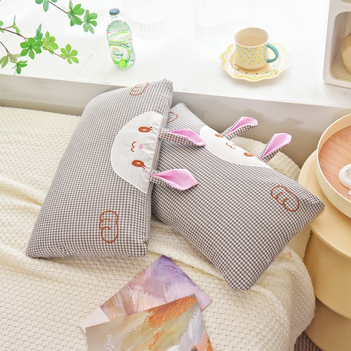 91家纺网 家纺一手货源 找家纺 织布人 2025新款荞麦枕卡通全棉水洗棉小兔子儿童枕学生枕家用荞麦枕头 全棉小兔荞麦枕-灰格