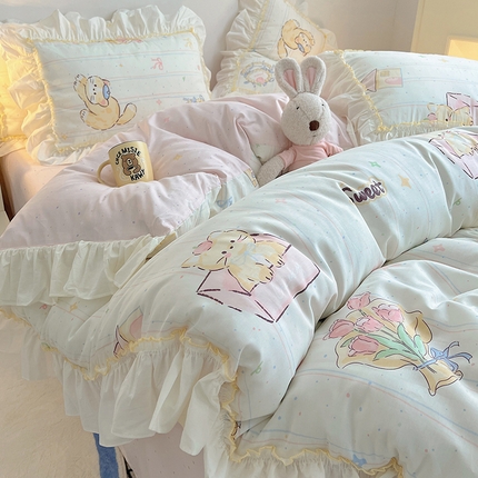 91家纺网 家纺一手货源 找家纺 瑞莱 2025韩式INS减龄花边款全棉四件套-卡通系列 小确幸