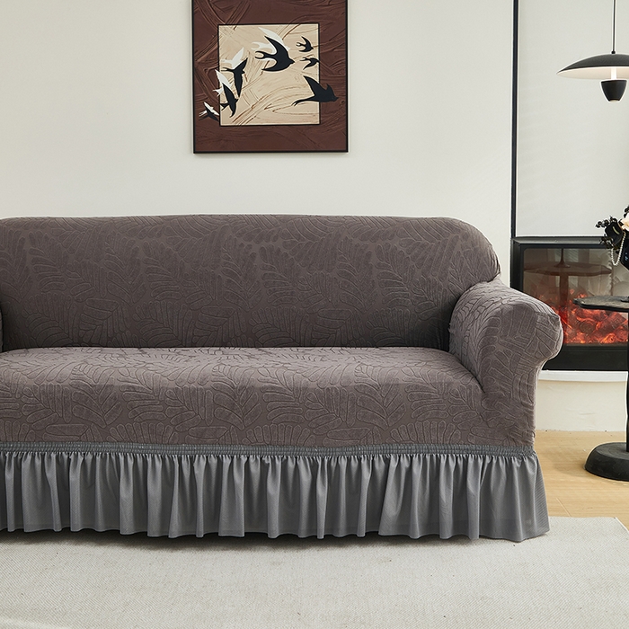 91家纺网 家纺一手货源 找家纺 共鸣沙发套 2024新款臻品提花系列沙发套（裙摆款织叶花系） 织叶冷灰