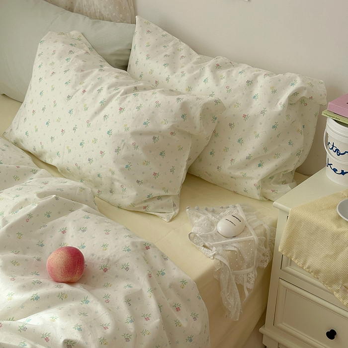 91家纺网 家纺一手货源 找家纺 韩国纯棉ins风小碎花田园风四件套花卉活性印花小清新被套纯色加大床单1.8床笠混搭风纯色印花枕套 花西子（奶黄）