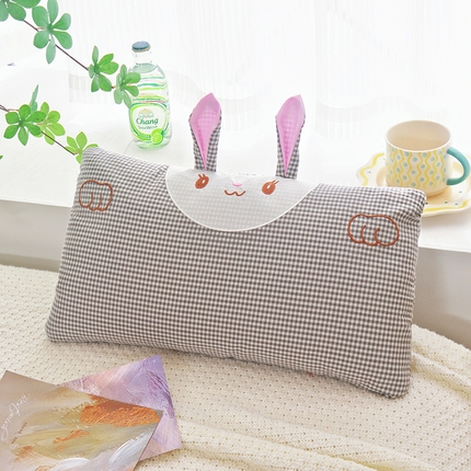 织布人 2025新款枕芯卡通全棉水洗棉小兔子儿童枕学生枕羽丝棉枕头+枕芯 全棉小兔枕-灰色彩格