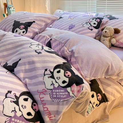 91家纺网 家纺一手货源 找家纺 美澳家纺 2024新款200克三丽鸥系列卡通印花牛奶绒单被套三四件套 冰淇淋库洛米