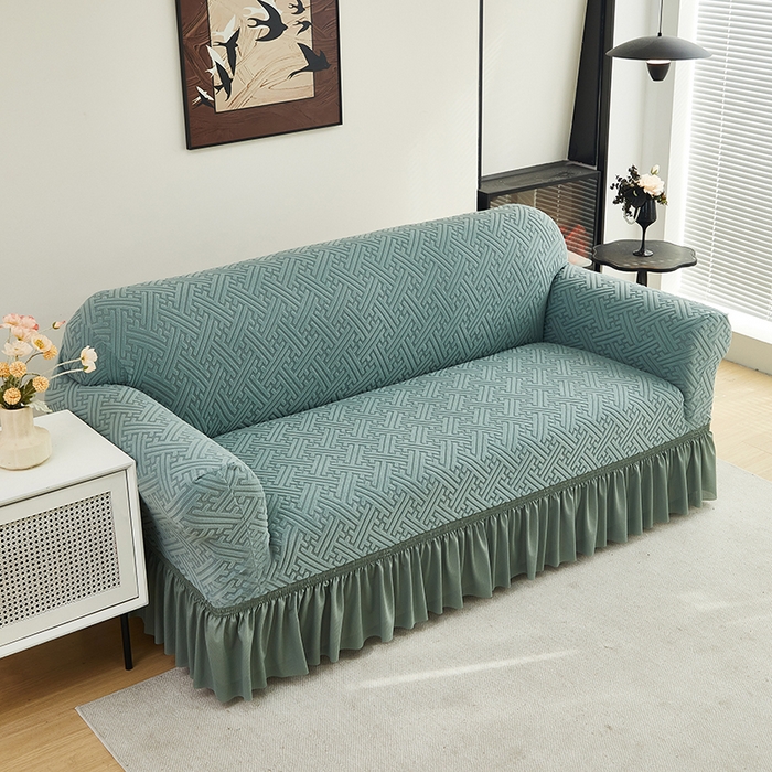 91家纺网 家纺一手货源 找家纺 共鸣沙发套 2024新款拉绒提花系列沙发套（裙摆款） 拉绒墨绿