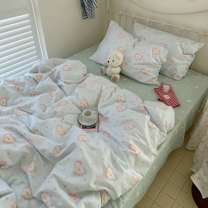 尺素 2024新款全棉印花a类卡通儿童四件套纯棉花卉双人被套学生宿舍三件套 花花兔