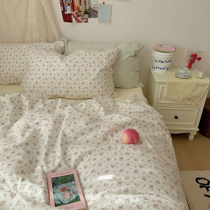 91家纺网 家纺一手货源 找家纺 （总）尺素 2024新款韩国纯棉ins风小碎花四件套花卉田园被套纯色加大床单1.8床笠混搭风纯色印花枕套