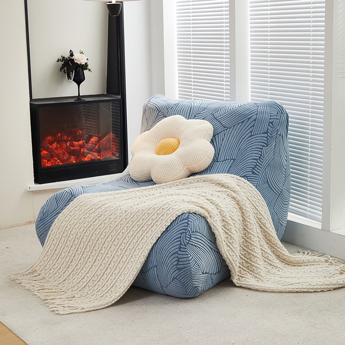 91家纺网 家纺一手货源 找家纺 共鸣沙发套 2024新款臻品提花系列懒人沙发套（枫纹花系） 枫纹净蓝