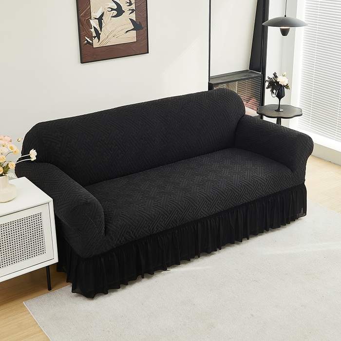 91家纺网 家纺一手货源 找家纺 共鸣沙发套 2024新款拉绒提花系列沙发套（裙摆款） 拉绒黑色