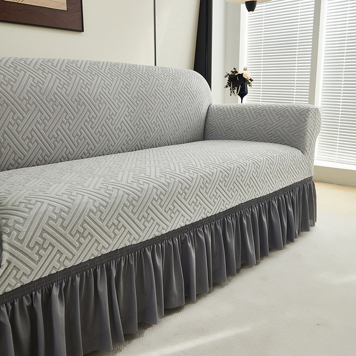 91家纺网 家纺一手货源 找家纺 共鸣沙发套 2024新款拉绒提花系列沙发套（裙摆款） 拉绒浅灰