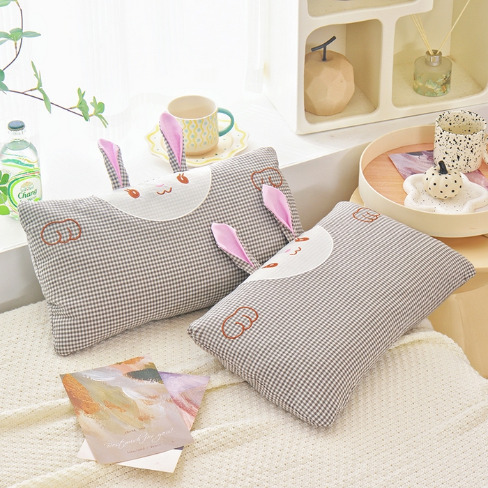 91家纺网 家纺一手货源 找家纺 织布人 2025新款荞麦枕卡通全棉水洗棉小兔子儿童枕学生枕家用荞麦枕头 全棉小兔荞麦枕-灰格