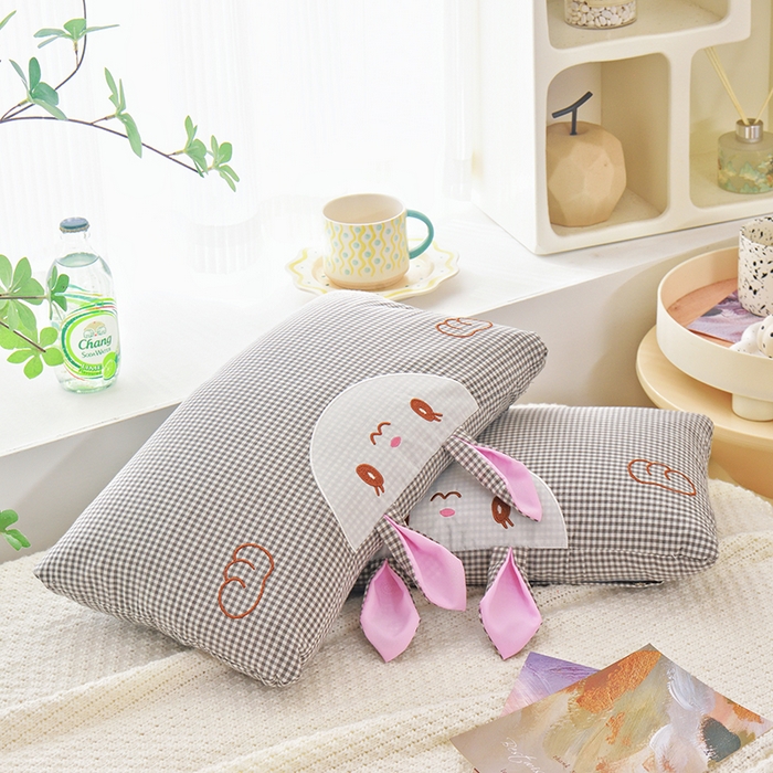 91家纺网 家纺一手货源 找家纺 织布人 2025新款荞麦枕卡通全棉水洗棉小兔子儿童枕学生枕家用荞麦枕头 全棉小兔荞麦枕-灰格