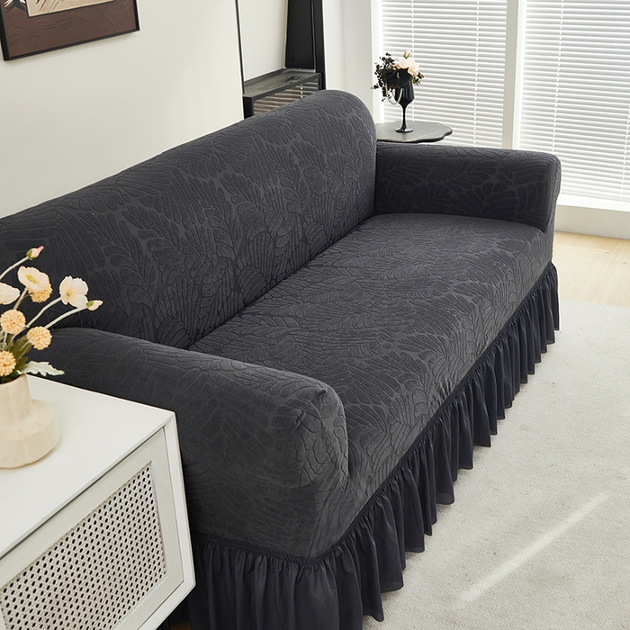 91家纺网 家纺一手货源 找家纺 共鸣沙发套 2024新款臻品提花系列沙发套（裙摆款织叶花系） 织叶碳灰