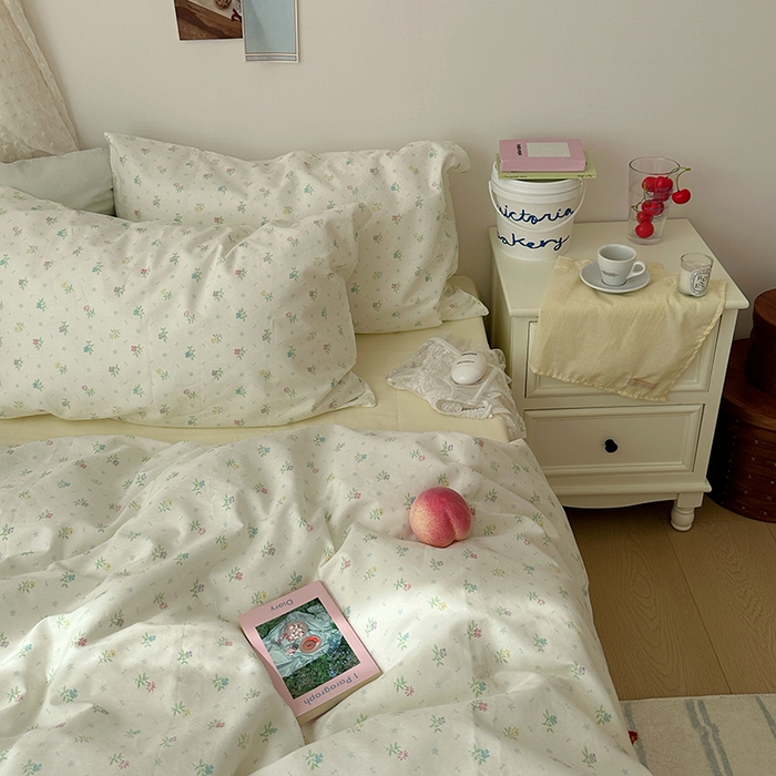 91家纺网 家纺一手货源 找家纺 韩国纯棉ins风小碎花田园风四件套花卉活性印花小清新被套纯色加大床单1.8床笠混搭风纯色印花枕套 花西子（奶黄）