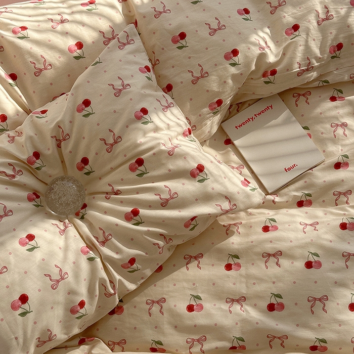 91家纺网 家纺一手货源 找家纺 尺素 2025年春夏新款全棉卡通四件套纯棉双人被套纯色床单床笠三件套儿童床上用品 樱桃红了 裸粉