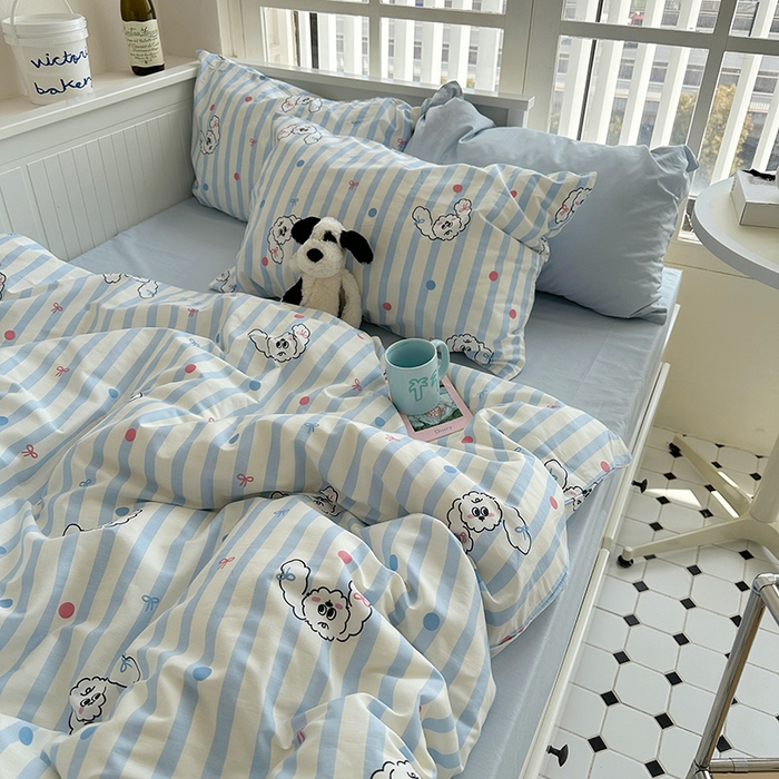 91家纺网 家纺一手货源 找家纺 尺素 2024韩国ins风少女粉被套纯棉卡通四件套小清新蝴蝶结被套240*250床单学生宿舍三件套 可爱多蓝（浅蓝）