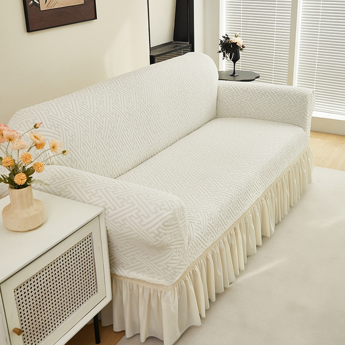 91家纺网 家纺一手货源 找家纺 共鸣沙发套 2024新款拉绒提花系列沙发套（裙摆款） 拉绒白色