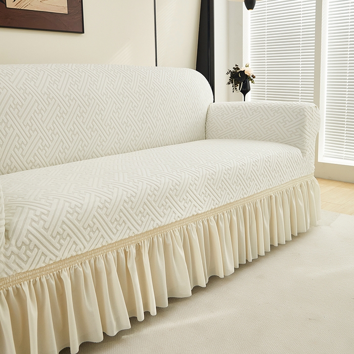 91家纺网 家纺一手货源 找家纺 共鸣沙发套 2024新款拉绒提花系列沙发套（裙摆款） 拉绒白色