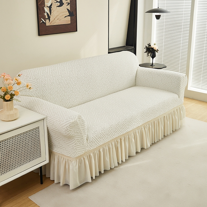 91家纺网 家纺一手货源 找家纺 共鸣沙发套 2024新款拉绒提花系列沙发套（裙摆款） 拉绒白色