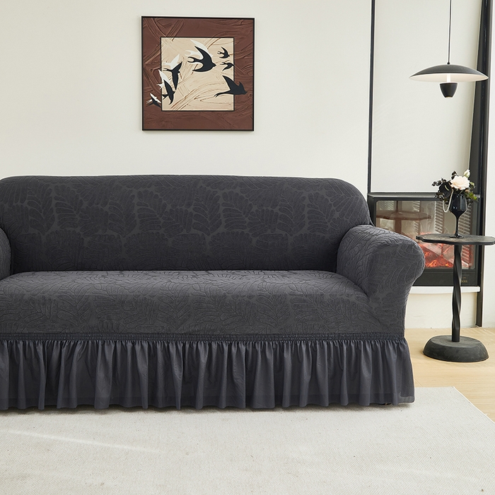 91家纺网 家纺一手货源 找家纺 共鸣沙发套 2024新款臻品提花系列沙发套（裙摆款织叶花系） 织叶碳灰