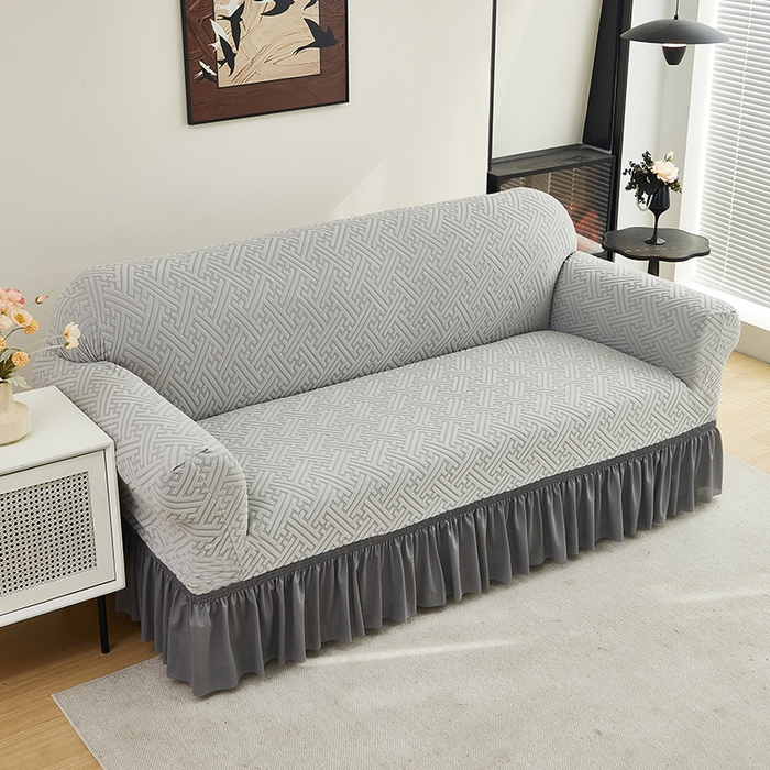 91家纺网 家纺一手货源 找家纺 共鸣沙发套 2024新款拉绒提花系列沙发套（裙摆款） 拉绒浅灰