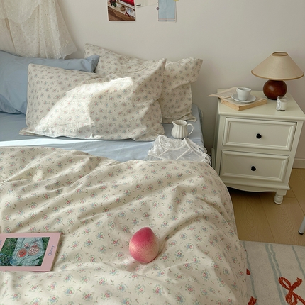 新款纯棉ins风小碎花田园风四件套花卉活性印花小清新被套纯色加大床单1.8床笠混搭风纯色印花枕套 初尧浅蓝