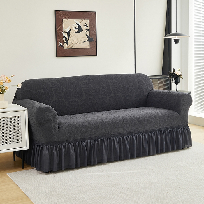 91家纺网 家纺一手货源 找家纺 共鸣沙发套 2024新款臻品提花系列沙发套（裙摆款织叶花系） 织叶碳灰