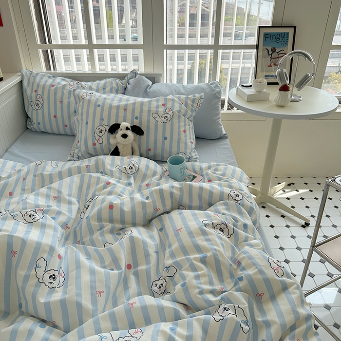 91家纺网 家纺一手货源 找家纺 尺素 2024韩国ins风少女粉被套纯棉卡通四件套小清新蝴蝶结被套240*250床单学生宿舍三件套 可爱多蓝（浅蓝）