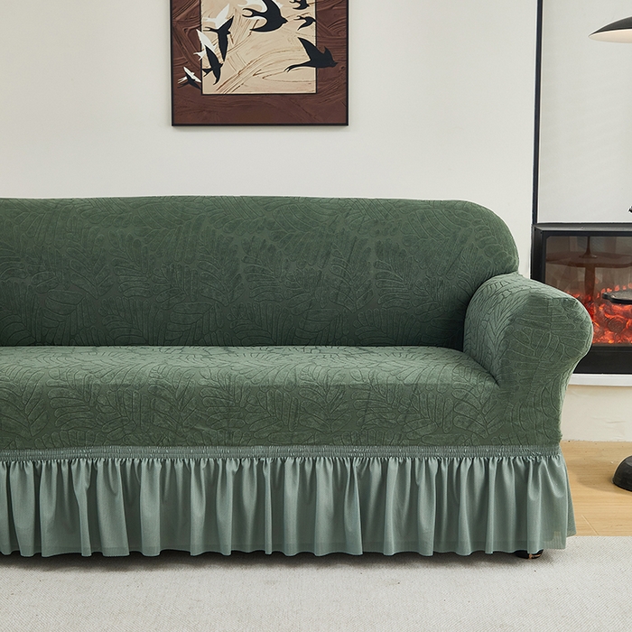 91家纺网 家纺一手货源 找家纺 共鸣沙发套 2024新款臻品提花系列沙发套（裙摆款织叶花系） 织叶松绿