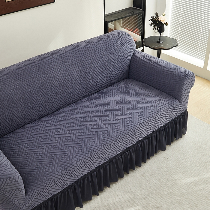 91家纺网 家纺一手货源 找家纺 共鸣沙发套 2024新款拉绒提花系列沙发套（裙摆款） 拉绒深灰