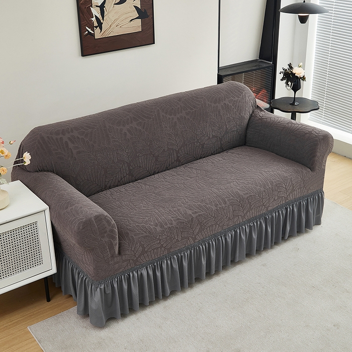 91家纺网 家纺一手货源 找家纺 共鸣沙发套 2024新款臻品提花系列沙发套（裙摆款织叶花系） 织叶冷灰