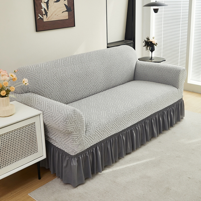 91家纺网 家纺一手货源 找家纺 共鸣沙发套 2024新款拉绒提花系列沙发套（裙摆款） 拉绒浅灰