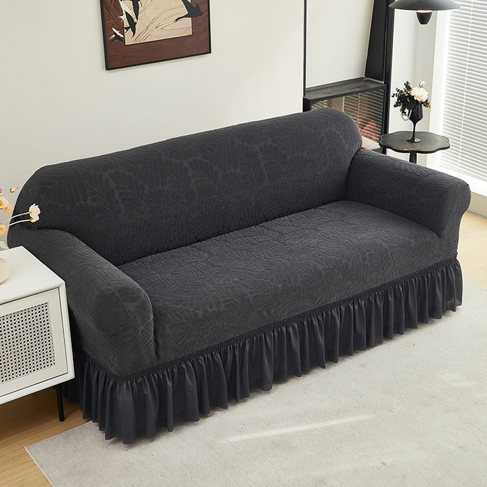 91家纺网 家纺一手货源 找家纺 共鸣沙发套 2024新款臻品提花系列沙发套（裙摆款织叶花系） 织叶碳灰